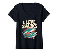 Donna Tifosi di I Love Sharks Ocean Predator Maglietta con Collo a V