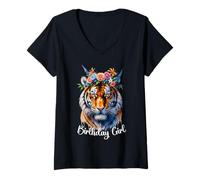 Donna Tiger Birthday Girl Cute Zoo Theme Party Outfit Safari 6-12 Maglietta con Collo a V