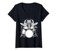Donna Tiger Drummer Rock Wild Animal Suonare la Batteria Maglietta con Collo a V