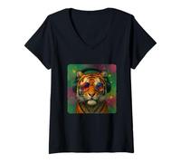 Donna Tiger - Occhiali da sole colorati per DJ Maglietta con Collo a V