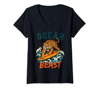 Donna Tiger Surfing Ocean Waves Beach Vibes estive Maglietta con Collo a V