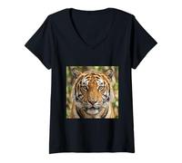 Donna Tigre Close Up Ritratto Intenso Fauna Selvatica Animale Maglietta con Collo a V