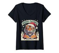 Donna Tigre di Natale Merry Catmas Maglietta con Collo a V