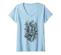 Donna Tigre Giapponese Tradizionale in Stile Irezumi Maglietta con Collo a V