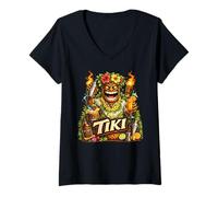 Donna Tiki Maschera Tropicale Hibiscus Torch Island Bar Vibes Maglietta con Collo a V