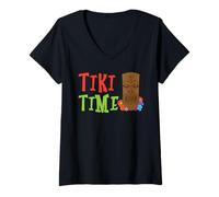 Donna Tiki Time, Bevanda Tropicale, Hawaiian Luau Party, Tiki Bar Maglietta con Collo a V