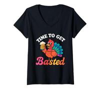 Donna Time to Get Basted Turkey Funny Thanksgiving Beer Drinking Maglietta con Collo a V