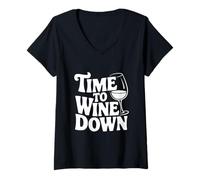 Donna Time to Wine Down Divertente Amante del Vino Maglietta con Collo a V