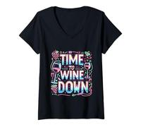 Donna Time To Wine Down Rilassamento Freddo ||- Maglietta con Collo a V