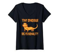 Donna Tiny Dinosaur Big Personality Bearded Dragon Drago Barbuto Maglietta con Collo a V