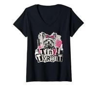 Donna Tiny Tyrant Divertente Yorkshire Terrier Yorkie Maglietta con Collo a V
