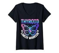 Donna Tiroide Cancer Warrior Consapevolezza Farfalla Design Maglietta con Collo a V