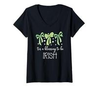 Donna Tis a Blessing to be Irish Blessing St Patricks Coquette Bow Maglietta con Collo a V