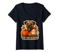 Donna Tis The Season Border Terrier Cane Autunno Autunno Zucca Spice Maglietta con Collo a V