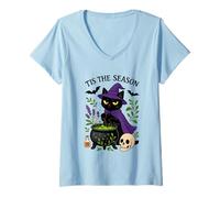 Donna Tis The Season - Calderone Magico a Forma di Gatto Strega Maglietta con Collo a V