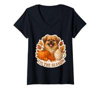 Donna Tis The Season Cane Spaniel Tibetano Autunno Autunno Zucca Spice Maglietta con Collo a V