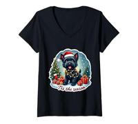 Donna Tis The Season - Cane Terrier Russo Nero con Scritta Merry Christmas Fun Maglietta con Collo a V