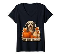 Donna Tis The Season Cane Terrier Tibetano Autunno Autunno Zucca Spice Maglietta con Collo a V