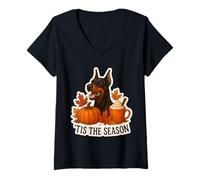 Donna Tis The Season Doberman Pinscher Cane Autunno Autunno Zucca Cucciolo Maglietta con Collo a V