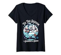 Donna 'Tis The Season Holiday Sparkle And Shine Xmas Snowman Maglietta con Collo a V