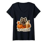 Donna Tis The Season Keeshond Dog Fall Autumn Pumpkin Spice Latte Maglietta con Collo a V