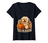 Donna Tis The Season Lhasa Apso Cane Autunno Autunno Zucca Spice Carino Maglietta con Collo a V