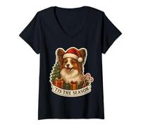 Donna Tis The Season Papillon Dog Merry Christmas Tree Mom Dad Fun Maglietta con Collo a V
