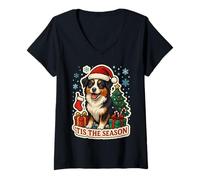 Donna Tis The Season - Pastore Americano in Miniatura, per Natale Maglietta con Collo a V