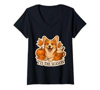 Donna Tis The Season Pembroke Welsh Corgi Dog Autunno Zucca Maglietta con Collo a V