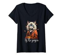 Donna Tis The Season Ragdoll Cat Autunno Inverno Halloween Maglietta con Collo a V