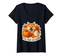 Donna Tis The Season Shiba Inu Dog Autunno Autunno Zucca Spice Latte Maglietta con Collo a V
