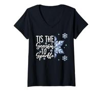 Donna Tis The Season To Sparkle Blue Christmas Snowflake Citazione Maglietta con Collo a V
