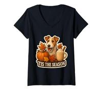Donna Tis The Season Wire Fox Terrier Cane Autunno Autunno Zucca Carino Maglietta con Collo a V
