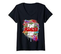 Donna TMNT Classic Retro Megamix Go Ninja Turtles Graff Urban Art Maglietta con Collo a V