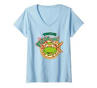 Donna TMNT Heroes - Mezzo Guscio Michelangelo Pizza Turtles Time Pose Maglietta con Collo a V