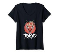 Donna Tokyo con Drago Giapponese Urban Mitico Spirito Maglietta con Collo a V