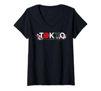 Donna Tokyo Giappone Orizzontale Sakura CILIEGIO Fiore Rosso Sole Maglietta con Collo a V