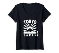 Donna Tokyo Skyline Giappone Monte Fuji Luoghi di Interesse Skytree Kanji Souvenir Maglietta con Collo a V