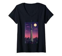 Donna Tokyo Skytree Notte Città Skyline Giappone Retro Luna Art Viaggio Maglietta con Collo a V