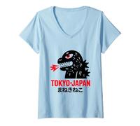 Donna Tokyo Streetwear Dinosauro Mostro Haiku Showa Testo Giapponese Maglietta con Collo a V