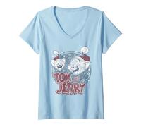 Donna Tom And Jerry Christmas Santa Hats Retro Maglietta con Collo a V