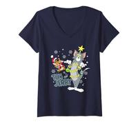 Donna Tom And Jerry Merry Christmas Tinsel Tangle Maglietta con Collo a V