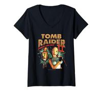 Donna Tomb Raider II Staring Lara Croft Vintage Collage Video Game Maglietta con Collo a V