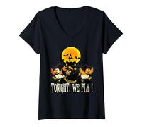 Donna Tonight We Fly Funny Chicken Witches Halloween Humor Maglietta con Collo a V
