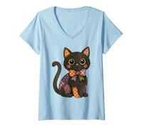 Donna Toppa Patchwork a Forma di Gatto Nero Autunnale Maglietta con Collo a V