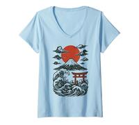 Donna Torii Japan Wave Volcano Sun Mount Fuji Rising Red Maglietta con Collo a V