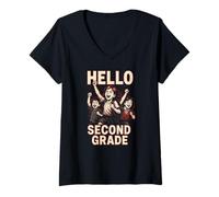 Donna Torna a Scuola Hello Second Grade Cute Womans Teacher Outfit Maglietta con Collo a V
