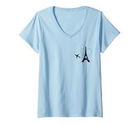 Donna Torre Eiffel Aereo Cuore Tasca Parigi Francia Souvenir Maglietta con Collo a V