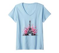Donna Torre Eiffel con fiori di ciliegio, souvenir vintage di Parigi Maglietta con Collo a V