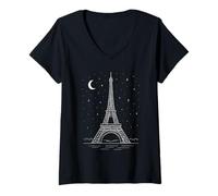Donna Torre Eiffel Parigi di Notte Maglietta con Collo a V